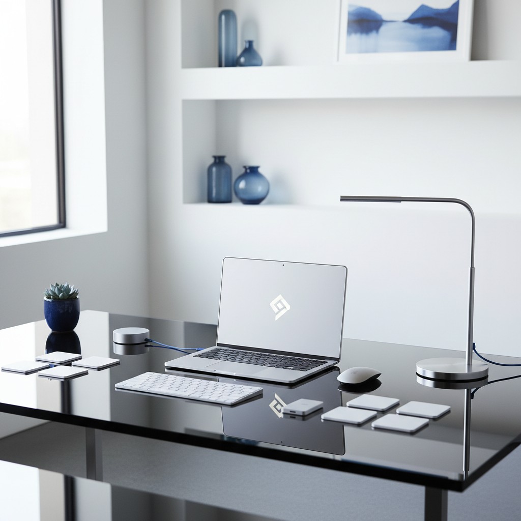 Monochrome office desk scene with a laptop, monitor stand, and white and grey accessories, in front of a window.